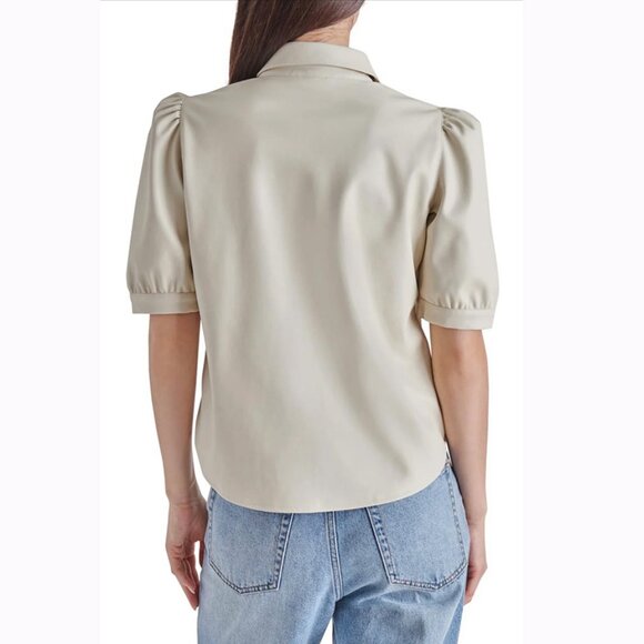 Faux Leather Puff Sleeve Button Front Top in Bone - Picture 12 of 12